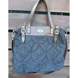 FOSSIL Keyper Black Quilted Handbag Purse Womens Tote Satchel Flower Design